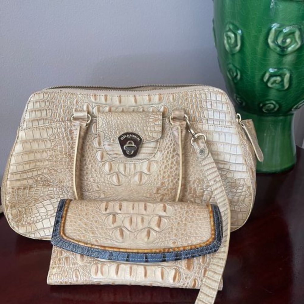 Brahmin Tri Color Bag with Wallet  (Tan, Navy Blue, Brown)